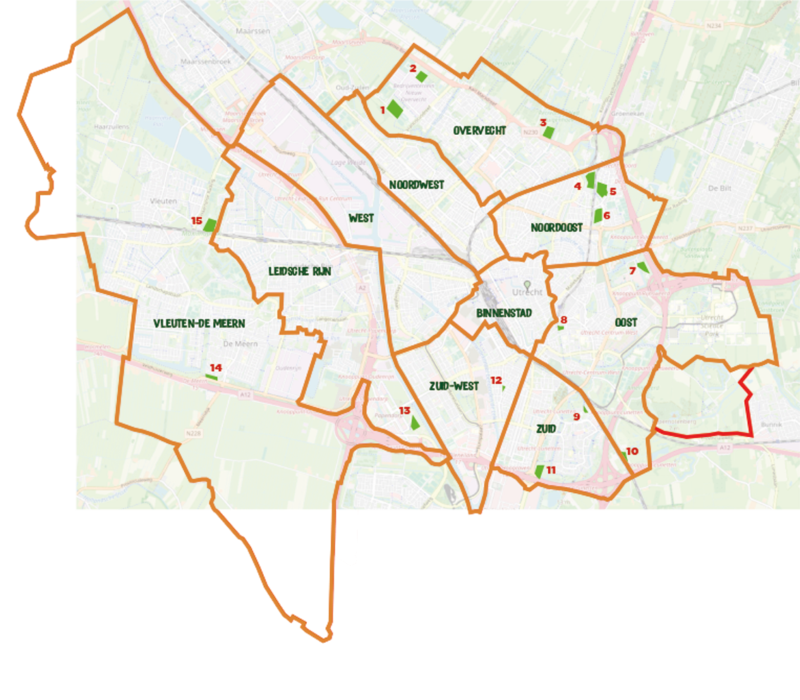 kaart van utrecht met locaties van de tuinparken